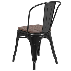 English Elm Perry Stackable Metal Chair with Wood Seat – Vintage Bistro Style for Dining and Commercial Spaces Black CH-31230-BK-WD-GG