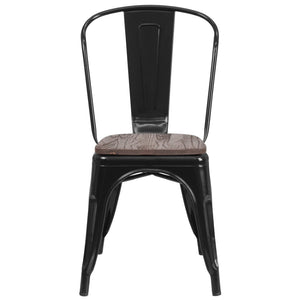 English Elm Perry Stackable Metal Chair with Wood Seat – Vintage Bistro Style for Dining and Commercial Spaces Black CH-31230-BK-WD-GG