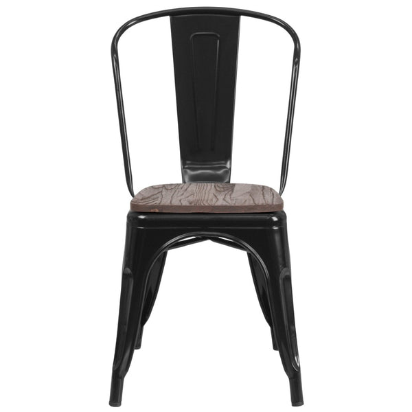 English Elm Perry Stackable Metal Chair with Wood Seat – Vintage Bistro Style for Dining and Commercial Spaces Black CH-31230-BK-WD-GG