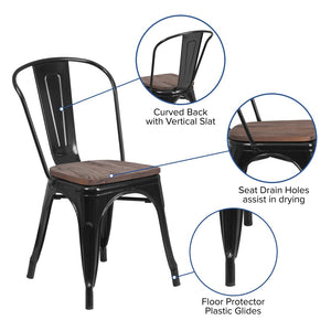 English Elm Perry Stackable Metal Chair with Wood Seat – Vintage Bistro Style for Dining and Commercial Spaces Black CH-31230-BK-WD-GG