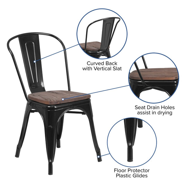English Elm Perry Stackable Metal Chair with Wood Seat – Vintage Bistro Style for Dining and Commercial Spaces Black CH-31230-BK-WD-GG