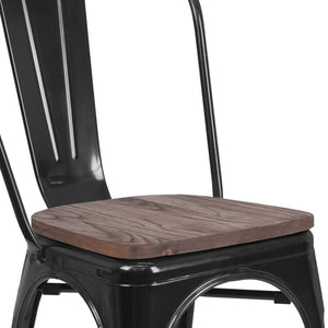 English Elm Perry Stackable Metal Chair with Wood Seat – Vintage Bistro Style for Dining and Commercial Spaces Black CH-31230-BK-WD-GG