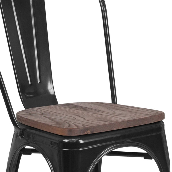 English Elm Perry Stackable Metal Chair with Wood Seat – Vintage Bistro Style for Dining and Commercial Spaces Black CH-31230-BK-WD-GG