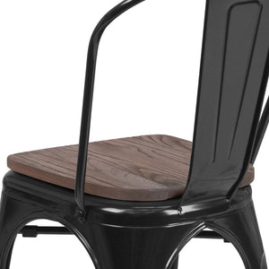 English Elm Perry Stackable Metal Chair with Wood Seat – Vintage Bistro Style for Dining and Commercial Spaces Black CH-31230-BK-WD-GG