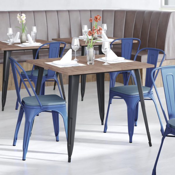 English Elm Perry Commercial Grade Metal Stackable Chair for Indoor-Outdoor Dining, Durable & Stylish Design Teal-Blue Seat/Blue Frame CH-31230-BL-PL1C-GG