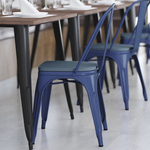 English Elm Perry Commercial Grade Metal Stackable Chair for Indoor-Outdoor Dining, Durable & Stylish Design Teal-Blue Seat/Blue Frame CH-31230-BL-PL1C-GG