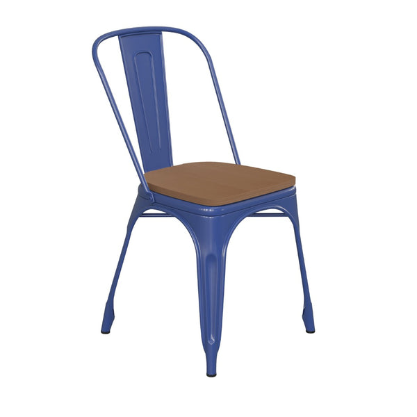 English Elm Perry Commercial Grade Metal Stackable Chair for Indoor-Outdoor Dining, Durable & Stylish Design Teak Seat/Blue Frame CH-31230-BL-PL1T-GG