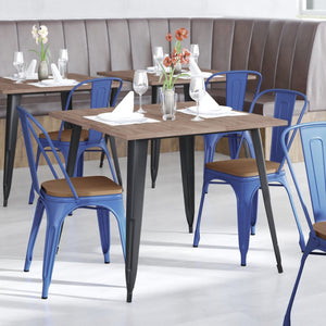 English Elm Perry Commercial Grade Metal Stackable Chair for Indoor-Outdoor Dining, Durable & Stylish Design Teak Seat/Blue Frame CH-31230-BL-PL1T-GG