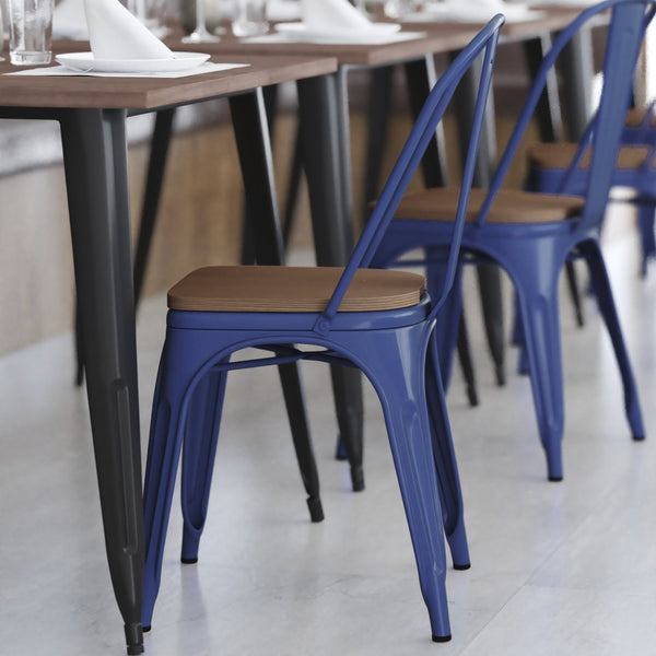 English Elm Perry Commercial Grade Metal Stackable Chair for Indoor-Outdoor Dining, Durable & Stylish Design Teak Seat/Blue Frame CH-31230-BL-PL1T-GG