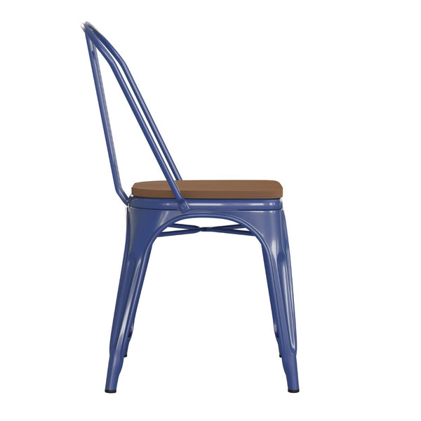 English Elm Perry Commercial Grade Metal Stackable Chair for Indoor-Outdoor Dining, Durable & Stylish Design Teak Seat/Blue Frame CH-31230-BL-PL1T-GG