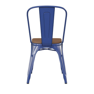 English Elm Perry Commercial Grade Metal Stackable Chair for Indoor-Outdoor Dining, Durable & Stylish Design Teak Seat/Blue Frame CH-31230-BL-PL1T-GG