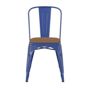 English Elm Perry Commercial Grade Metal Stackable Chair for Indoor-Outdoor Dining, Durable & Stylish Design Teak Seat/Blue Frame CH-31230-BL-PL1T-GG