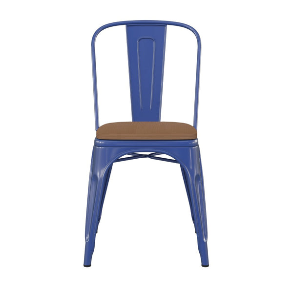 English Elm Perry Commercial Grade Metal Stackable Chair for Indoor-Outdoor Dining, Durable & Stylish Design Teak Seat/Blue Frame CH-31230-BL-PL1T-GG