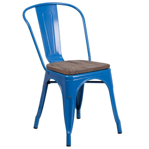 English Elm Perry Stackable Metal Chair with Wood Seat – Vintage Bistro Style for Dining and Commercial Spaces Blue CH-31230-BL-WD-GG
