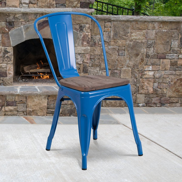 English Elm Perry Stackable Metal Chair with Wood Seat – Vintage Bistro Style for Dining and Commercial Spaces Blue CH-31230-BL-WD-GG