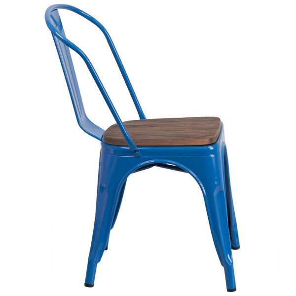 English Elm Perry Stackable Metal Chair with Wood Seat – Vintage Bistro Style for Dining and Commercial Spaces Blue CH-31230-BL-WD-GG