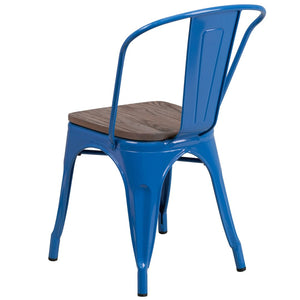English Elm Perry Stackable Metal Chair with Wood Seat – Vintage Bistro Style for Dining and Commercial Spaces Blue CH-31230-BL-WD-GG