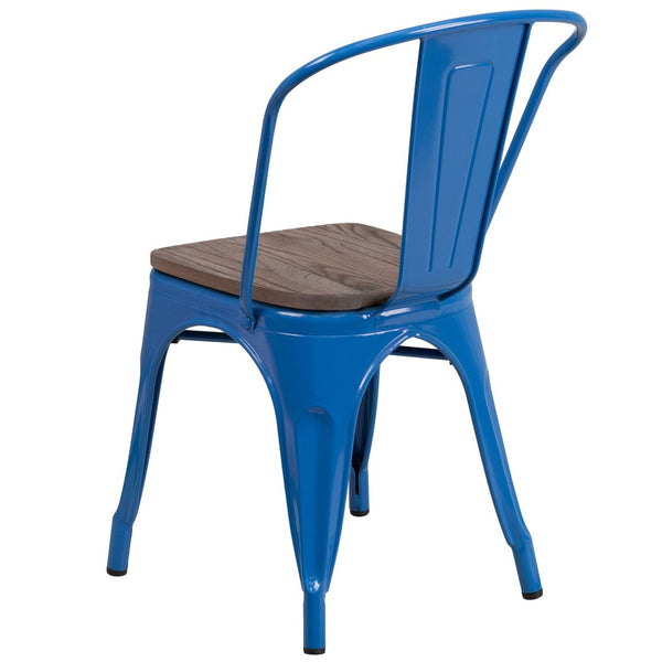 English Elm Perry Stackable Metal Chair with Wood Seat – Vintage Bistro Style for Dining and Commercial Spaces Blue CH-31230-BL-WD-GG