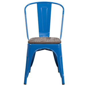 English Elm Perry Stackable Metal Chair with Wood Seat – Vintage Bistro Style for Dining and Commercial Spaces Blue CH-31230-BL-WD-GG