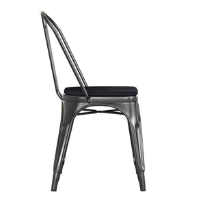 English Elm Perry Commercial Grade Metal Stackable Chair for Indoor-Outdoor Dining, Durable & Stylish Design Black Seat/Black-Antique Gold Frame CH-31230-BQ-PL1B-GG