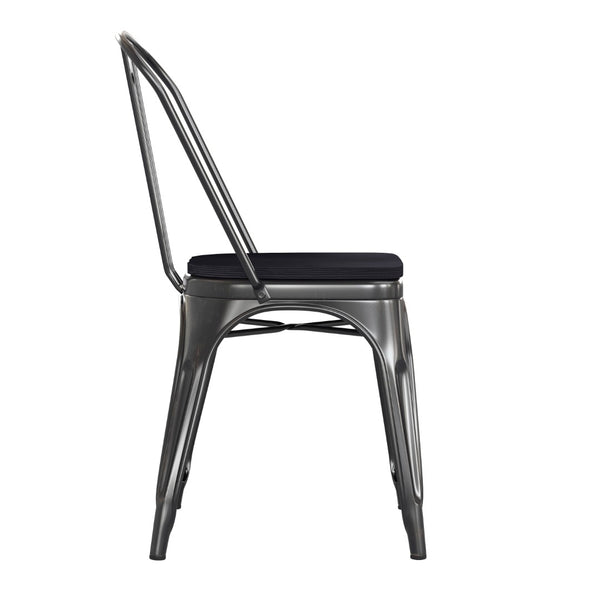 English Elm Perry Commercial Grade Metal Stackable Chair for Indoor-Outdoor Dining, Durable & Stylish Design Black Seat/Black-Antique Gold Frame CH-31230-BQ-PL1B-GG