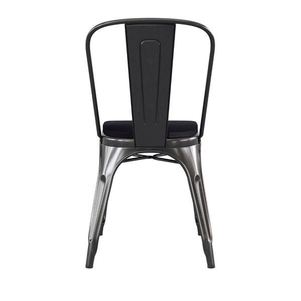 English Elm Perry Commercial Grade Metal Stackable Chair for Indoor-Outdoor Dining, Durable & Stylish Design Black Seat/Black-Antique Gold Frame CH-31230-BQ-PL1B-GG