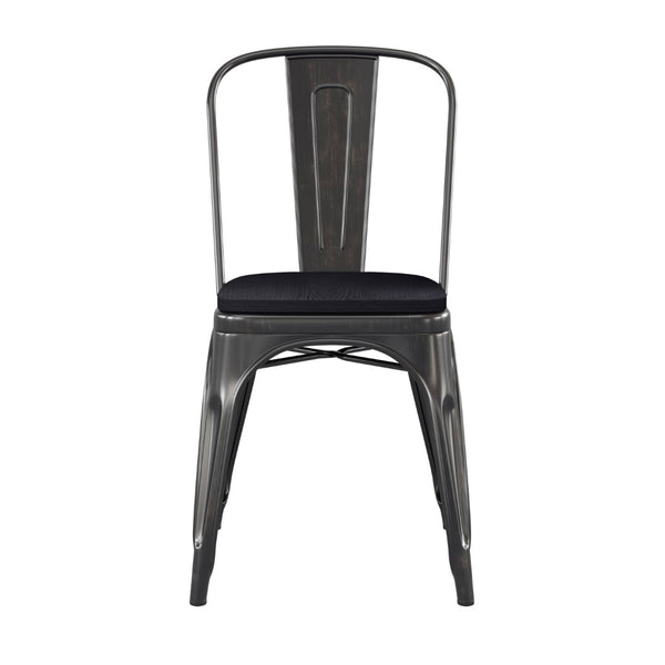 English Elm Perry Commercial Grade Metal Stackable Chair for Indoor-Outdoor Dining, Durable & Stylish Design Black Seat/Black-Antique Gold Frame CH-31230-BQ-PL1B-GG
