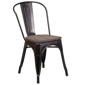 English Elm Perry Stackable Metal Chair with Wood Seat – Vintage Bistro Style for Dining and Commercial Spaces Black-Antique Gold CH-31230-BQ-WD-GG
