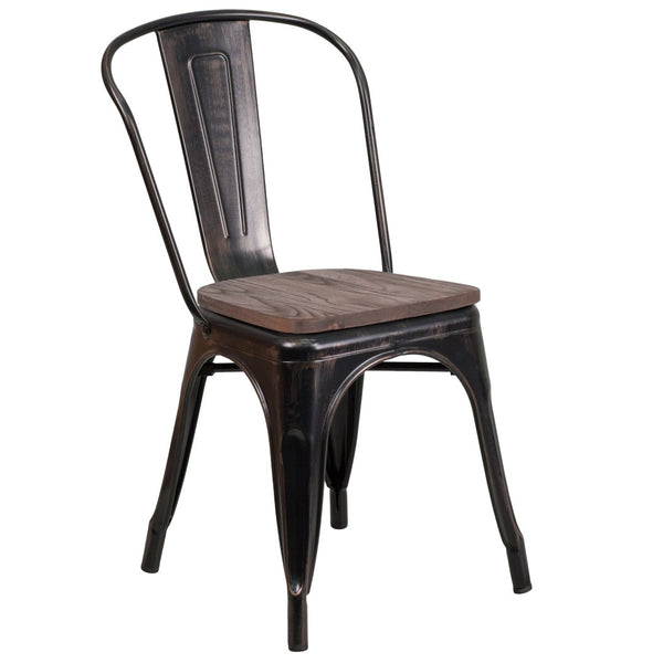 English Elm Perry Stackable Metal Chair with Wood Seat – Vintage Bistro Style for Dining and Commercial Spaces Black-Antique Gold CH-31230-BQ-WD-GG