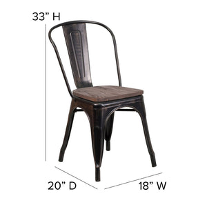 English Elm Perry Stackable Metal Chair with Wood Seat – Vintage Bistro Style for Dining and Commercial Spaces Black-Antique Gold CH-31230-BQ-WD-GG