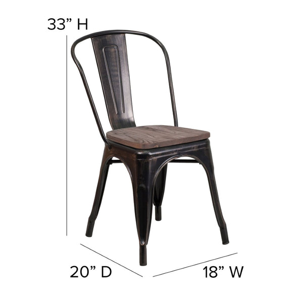 English Elm Perry Stackable Metal Chair with Wood Seat – Vintage Bistro Style for Dining and Commercial Spaces Black-Antique Gold CH-31230-BQ-WD-GG