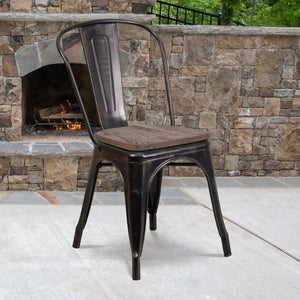English Elm Perry Stackable Metal Chair with Wood Seat – Vintage Bistro Style for Dining and Commercial Spaces Black-Antique Gold CH-31230-BQ-WD-GG