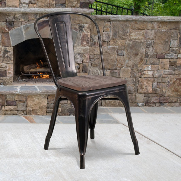 English Elm Perry Stackable Metal Chair with Wood Seat – Vintage Bistro Style for Dining and Commercial Spaces Black-Antique Gold CH-31230-BQ-WD-GG