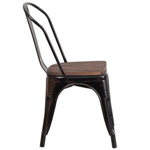English Elm Perry Stackable Metal Chair with Wood Seat – Vintage Bistro Style for Dining and Commercial Spaces Black-Antique Gold CH-31230-BQ-WD-GG