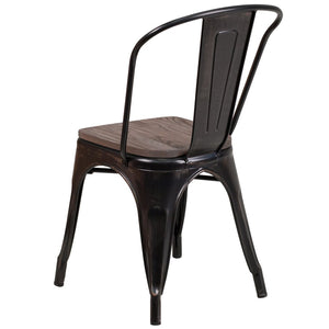 English Elm Perry Stackable Metal Chair with Wood Seat – Vintage Bistro Style for Dining and Commercial Spaces Black-Antique Gold CH-31230-BQ-WD-GG