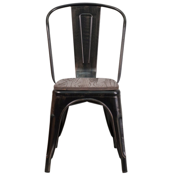 English Elm Perry Stackable Metal Chair with Wood Seat – Vintage Bistro Style for Dining and Commercial Spaces Black-Antique Gold CH-31230-BQ-WD-GG