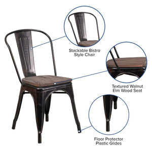 English Elm Perry Stackable Metal Chair with Wood Seat – Vintage Bistro Style for Dining and Commercial Spaces Black-Antique Gold CH-31230-BQ-WD-GG
