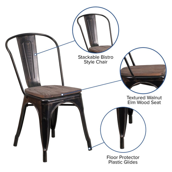 English Elm Perry Stackable Metal Chair with Wood Seat – Vintage Bistro Style for Dining and Commercial Spaces Black-Antique Gold CH-31230-BQ-WD-GG