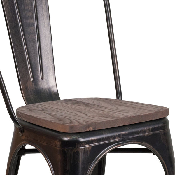 English Elm Perry Stackable Metal Chair with Wood Seat – Vintage Bistro Style for Dining and Commercial Spaces Black-Antique Gold CH-31230-BQ-WD-GG