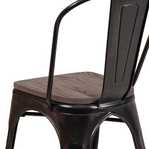 English Elm Perry Stackable Metal Chair with Wood Seat – Vintage Bistro Style for Dining and Commercial Spaces Black-Antique Gold CH-31230-BQ-WD-GG