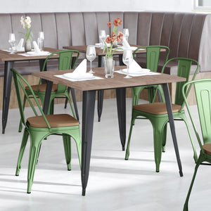 English Elm Perry Commercial Grade Metal Stackable Chair for Indoor-Outdoor Dining, Durable & Stylish Design Teak Seat/Green Frame CH-31230-GN-PL1T-GG