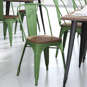 English Elm Perry Commercial Grade Metal Stackable Chair for Indoor-Outdoor Dining, Durable & Stylish Design Teak Seat/Green Frame CH-31230-GN-PL1T-GG
