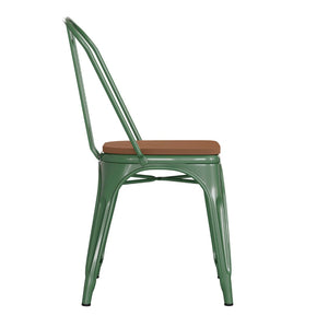 English Elm Perry Commercial Grade Metal Stackable Chair for Indoor-Outdoor Dining, Durable & Stylish Design Teak Seat/Green Frame CH-31230-GN-PL1T-GG