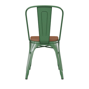 English Elm Perry Commercial Grade Metal Stackable Chair for Indoor-Outdoor Dining, Durable & Stylish Design Teak Seat/Green Frame CH-31230-GN-PL1T-GG