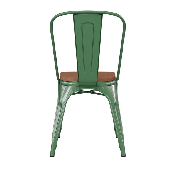 English Elm Perry Commercial Grade Metal Stackable Chair for Indoor-Outdoor Dining, Durable & Stylish Design Teak Seat/Green Frame CH-31230-GN-PL1T-GG
