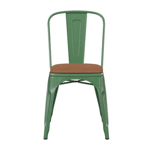 English Elm Perry Commercial Grade Metal Stackable Chair for Indoor-Outdoor Dining, Durable & Stylish Design Teak Seat/Green Frame CH-31230-GN-PL1T-GG