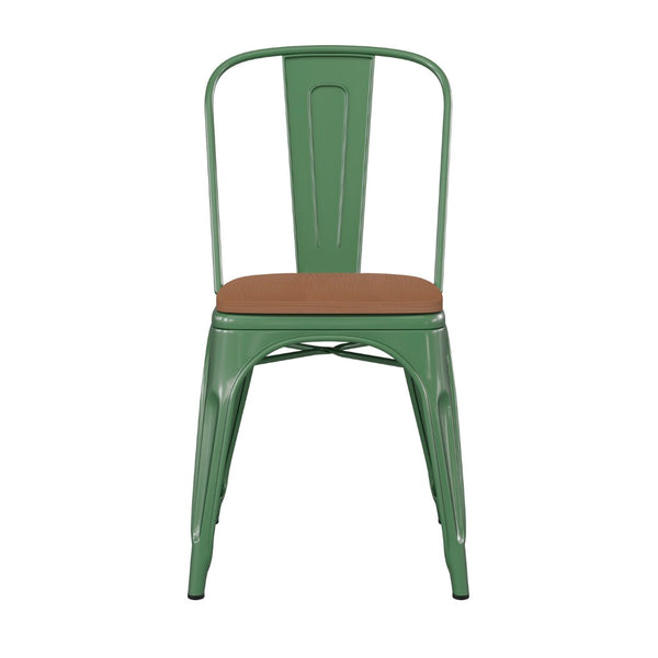 English Elm Perry Commercial Grade Metal Stackable Chair for Indoor-Outdoor Dining, Durable & Stylish Design Teak Seat/Green Frame CH-31230-GN-PL1T-GG