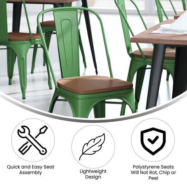 English Elm Perry Commercial Grade Metal Stackable Chair for Indoor-Outdoor Dining, Durable & Stylish Design Teak Seat/Green Frame CH-31230-GN-PL1T-GG