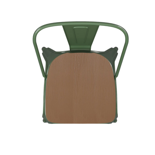 English Elm Perry Commercial Grade Metal Stackable Chair for Indoor-Outdoor Dining, Durable & Stylish Design Teak Seat/Green Frame CH-31230-GN-PL1T-GG