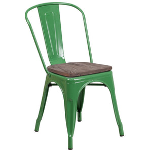 English Elm Perry Stackable Metal Chair with Wood Seat – Vintage Bistro Style for Dining and Commercial Spaces Green CH-31230-GN-WD-GG